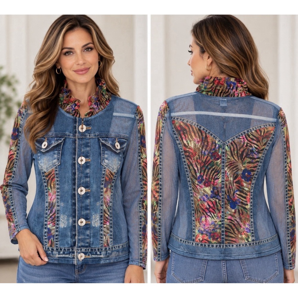 Talk of the Walk Denim Look Mesh Zip Blouse Top Womens Large Multi Floral Collar